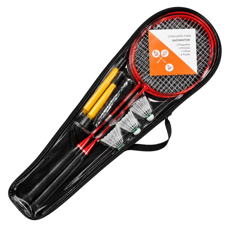 kit Badminton conjunto de treinamente iniciante KIt com 4 raquetes, rede com suporte e tubo com 3 petecas
