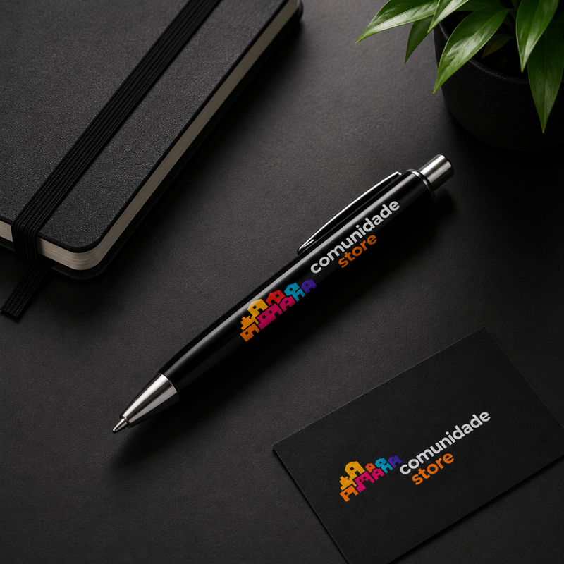 Caneta Preta Comunidade Store Personalizada com Logo Colorido
